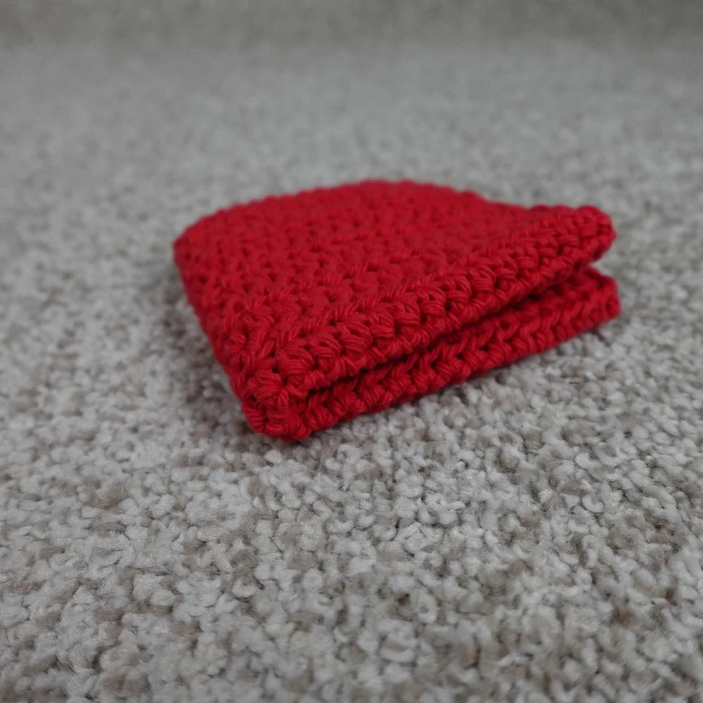 Handmade Crochet Washcloth Red Cotton Textured Dishcloth Square 8x7.5